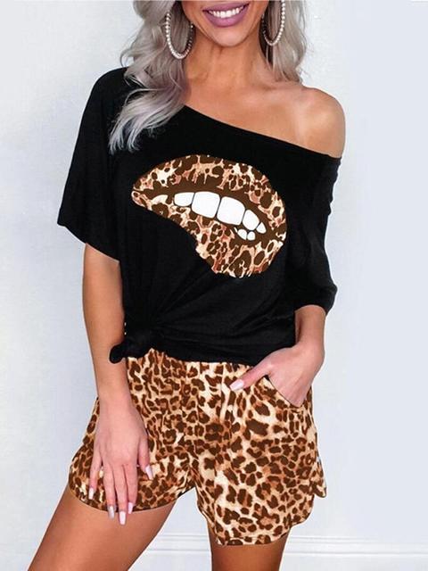 Heidi-Mode | Leopard Lip Ein Schulter T-Shirt Shorts Set