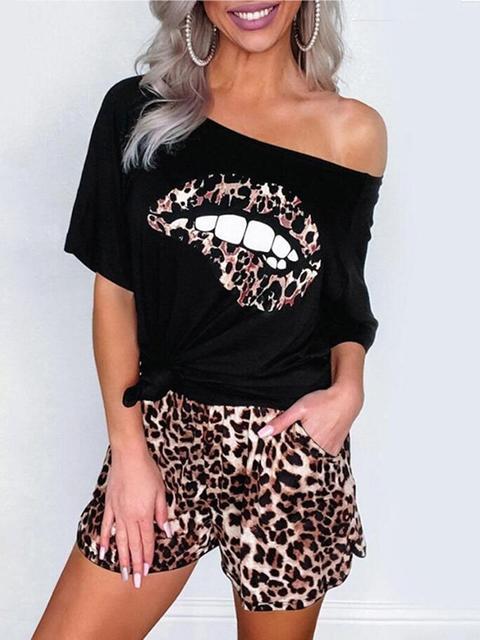 Heidi-Mode | Leopard Lip Ein Schulter T-Shirt Shorts Set