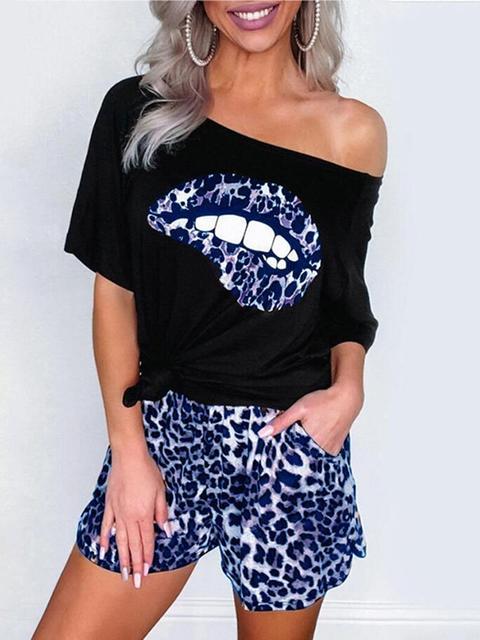 Heidi-Mode | Leopard Lip Ein Schulter T-Shirt Shorts Set