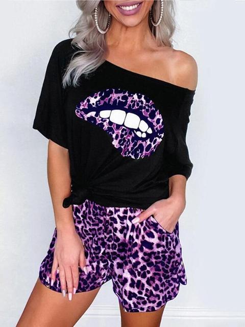 Heidi-Mode | Leopard Lip Ein Schulter T-Shirt Shorts Set
