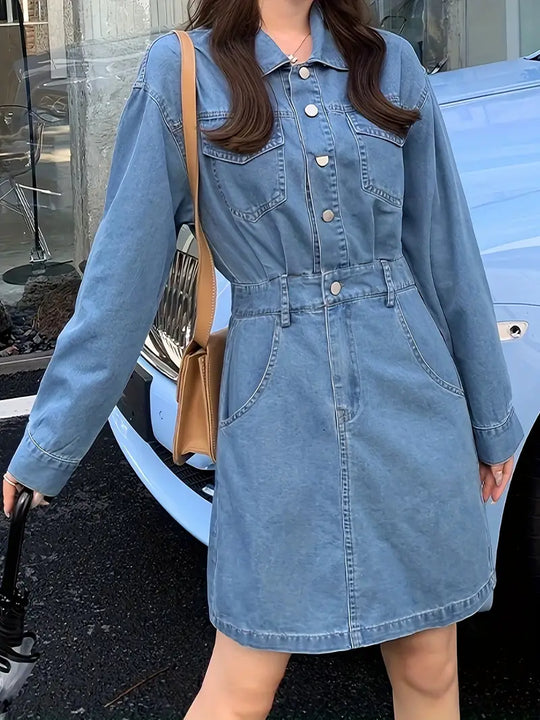 Single-breasted denim jurk met lange mouwen en riem