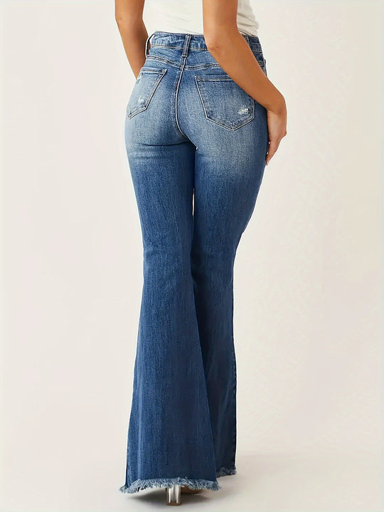 Heidi-Mode | Ausgestellte Jeans mit Rissdetails und Fransen Saum für Frauen
