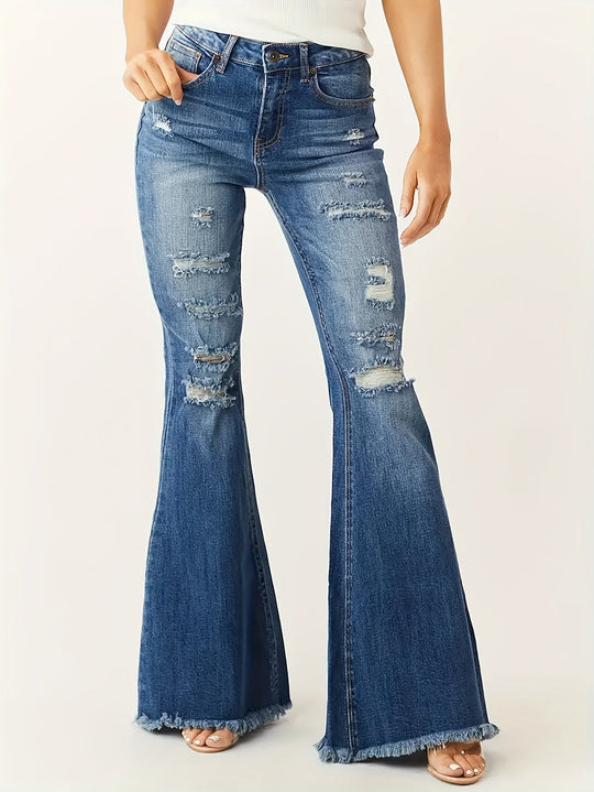 Heidi-Mode | Ausgestellte Jeans mit Rissdetails und Fransen Saum für Frauen