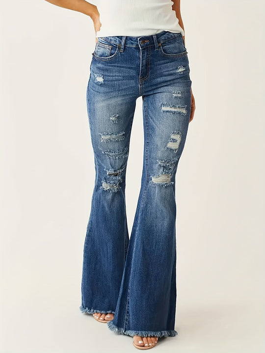 Heidi-Mode | Ausgestellte Jeans mit Rissdetails und Fransen Saum für Frauen