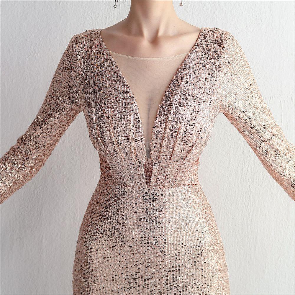 Heidi-Mode | Langarm Cocktail Falten Handwerk Elegante Lange Pailletten Aura Königin Fischschwanz Falten