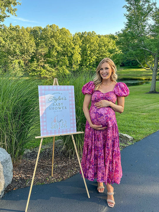 Heidi-Mode Schwangerschaftskleider, Blumenkleider, elegante Babyparty, Blumendruck, Rüschen, drapierte Maxikleider mit Puffärmeln