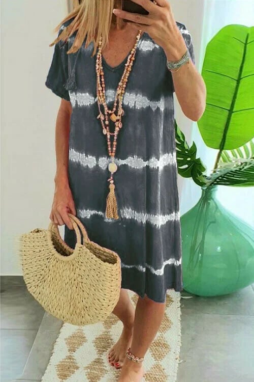 Heidi-Mode | Gestreifter Batik Elegante Sommerkleider Damen mit Kurzen Ärmeln und Lockerer Passform