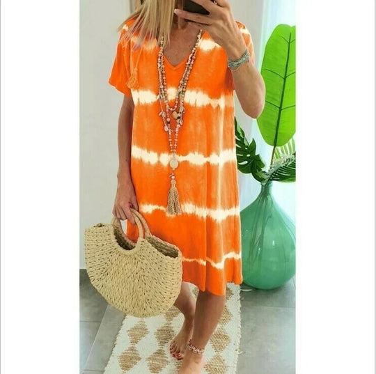 Heidi-Mode | Gestreifter Batik Elegante Sommerkleider Damen mit Kurzen Ärmeln und Lockerer Passform