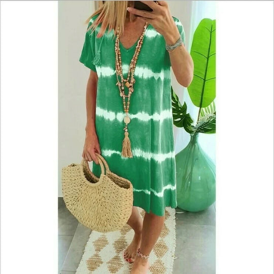 Heidi-Mode | Gestreifter Batik Elegante Sommerkleider Damen mit Kurzen Ärmeln und Lockerer Passform