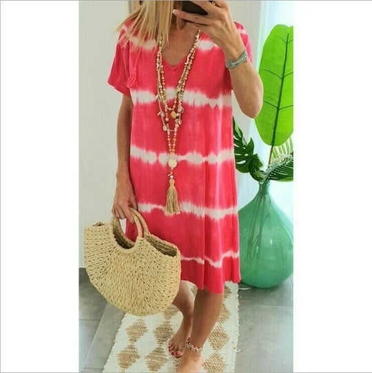 Heidi-Mode | Gestreifter Batik Elegante Sommerkleider Damen mit Kurzen Ärmeln und Lockerer Passform