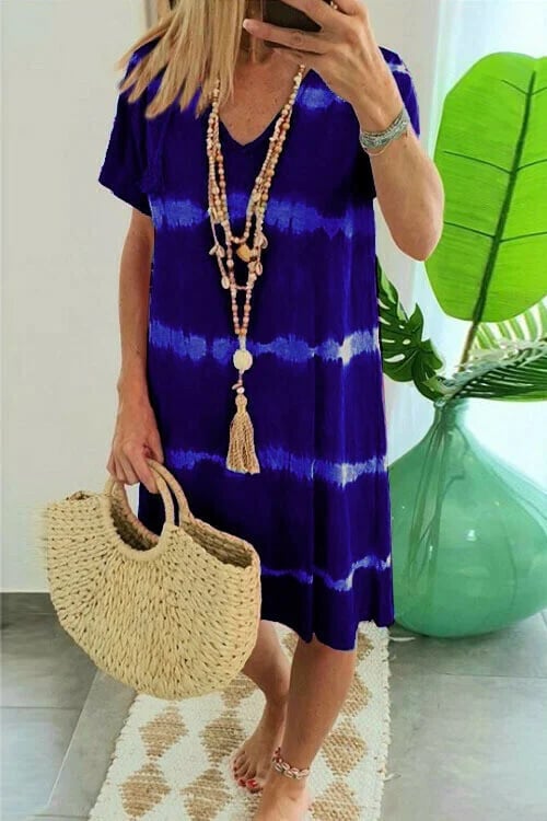 Heidi-Mode | Gestreifter Batik Elegante Sommerkleider Damen mit Kurzen Ärmeln und Lockerer Passform