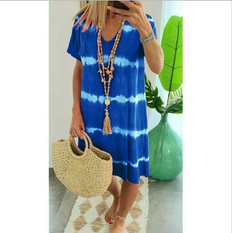 Heidi-Mode | Gestreifter Batik Elegante Sommerkleider Damen mit Kurzen Ärmeln und Lockerer Passform