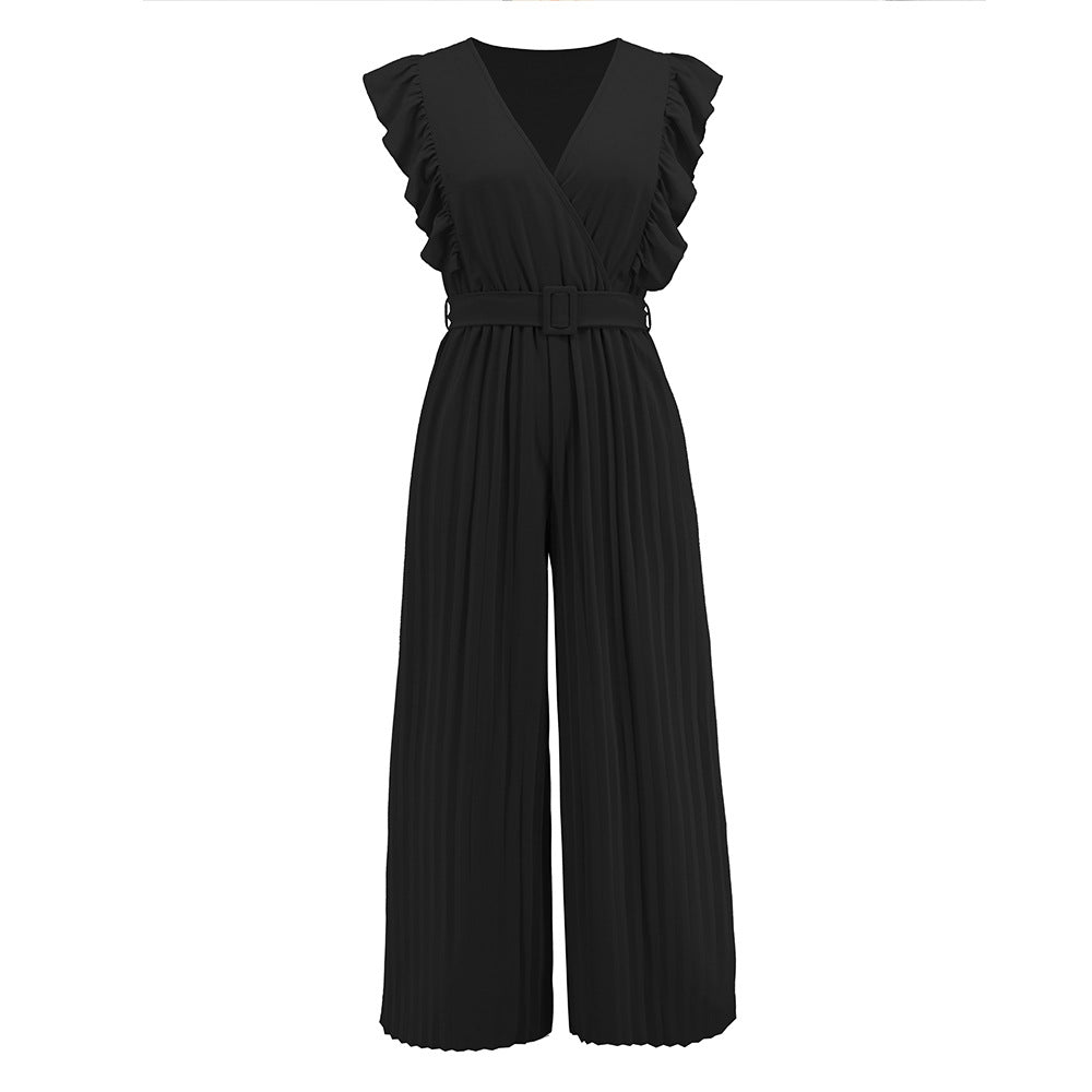 V-Ausschnitt Jumpsuit mit Rüschen, Gürtel und lässiger Passform