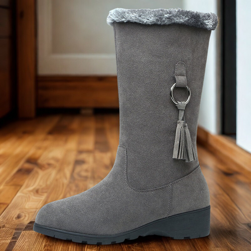 Heidi-Mode | Stiefel - Wildlederähnlich - Wadenhöhe - Niedriger Keilabsatz - Quasten-Detail