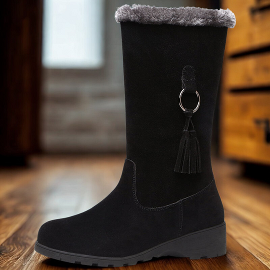 Heidi-Mode | Stiefel - Wildlederähnlich - Wadenhöhe - Niedriger Keilabsatz - Quasten-Detail