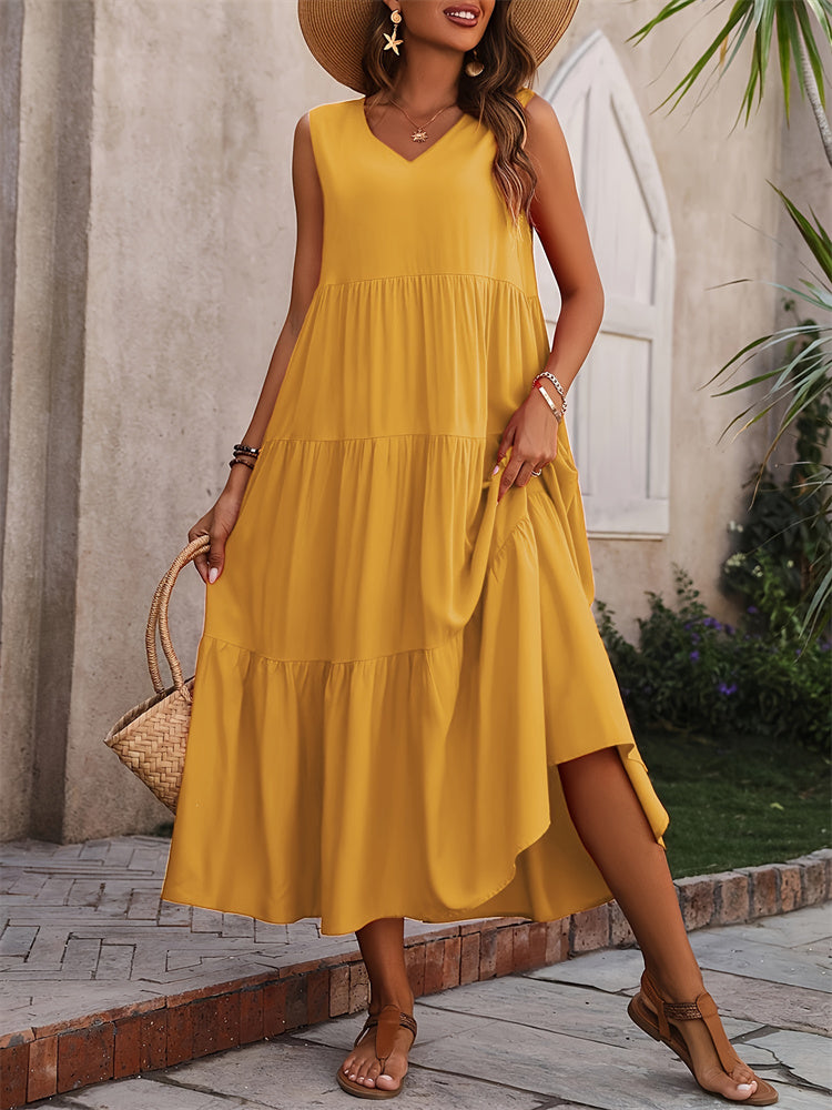 Heidi-Mode | Sommerliche Lässig Maxikleid mit V-ausschnitt und Rüschen