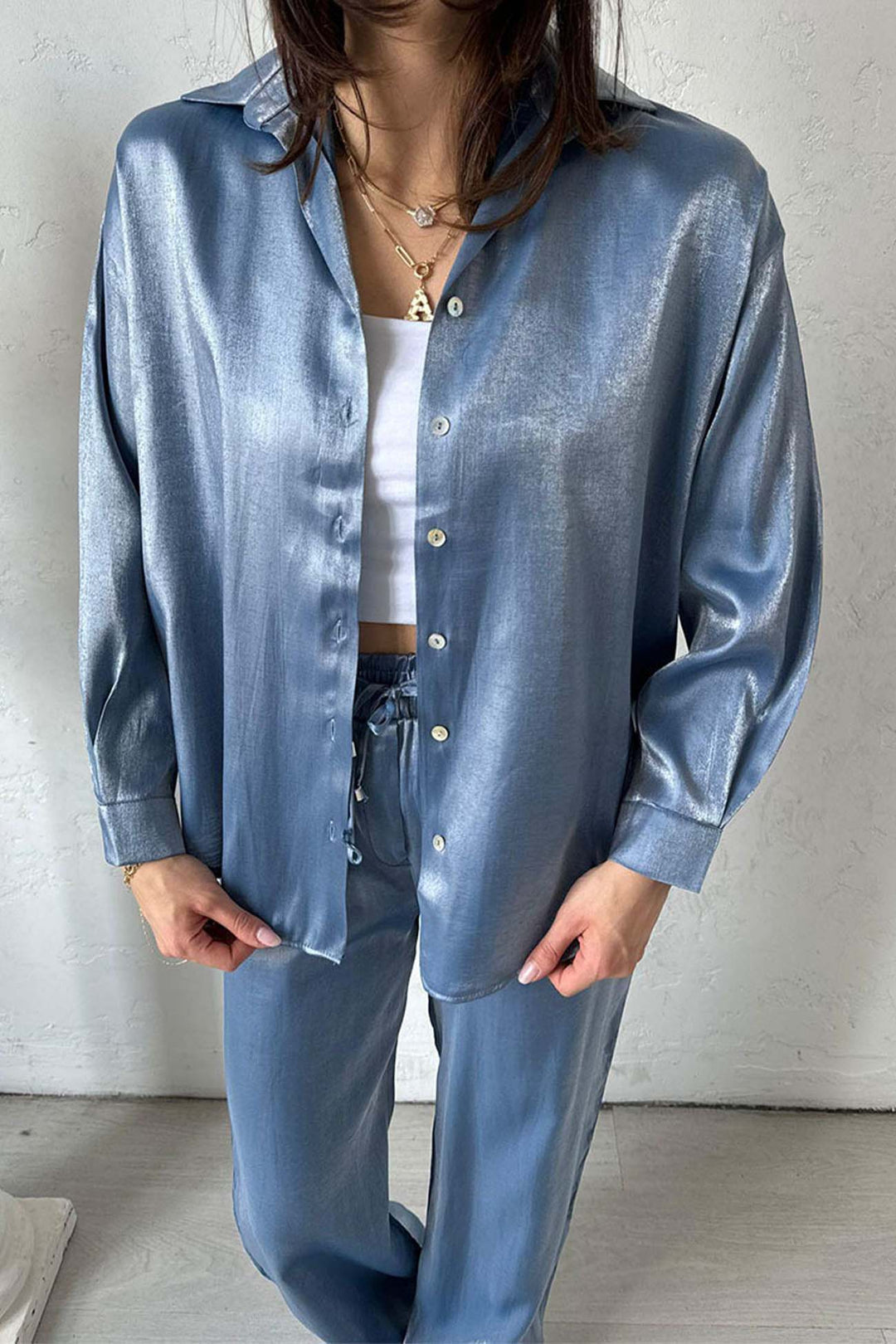 Heidi-Mode | Metallisch Glänzend Knopf Auf Shirt Lange Hose Set