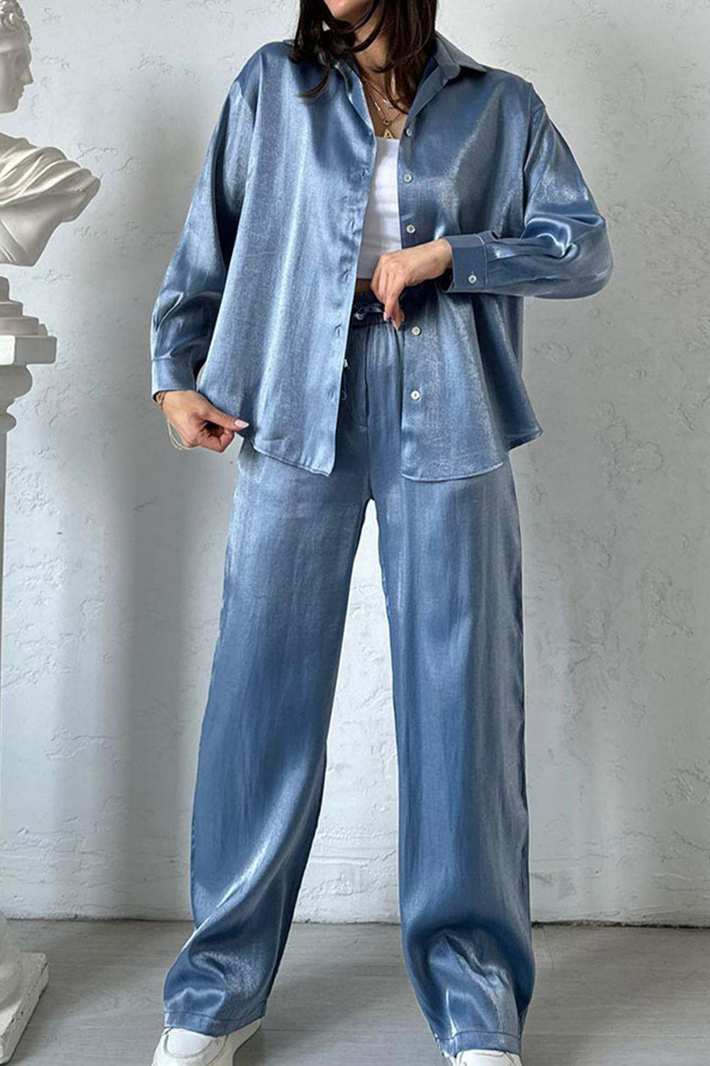 Heidi-Mode | Metallisch Glänzend Knopf Auf Shirt Lange Hose Set