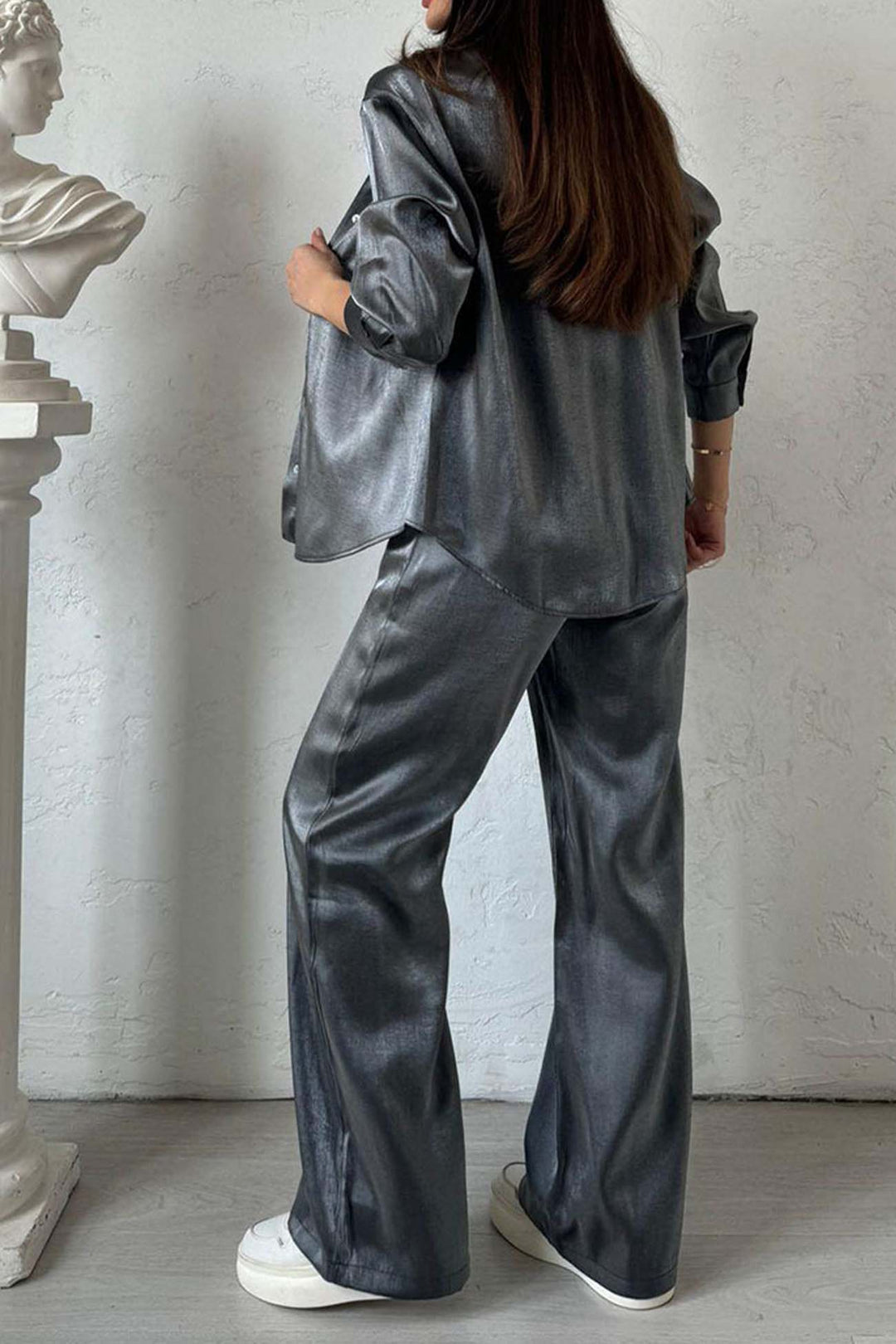 Heidi-Mode | Metallisch Glänzend Knopf Auf Shirt Lange Hose Set
