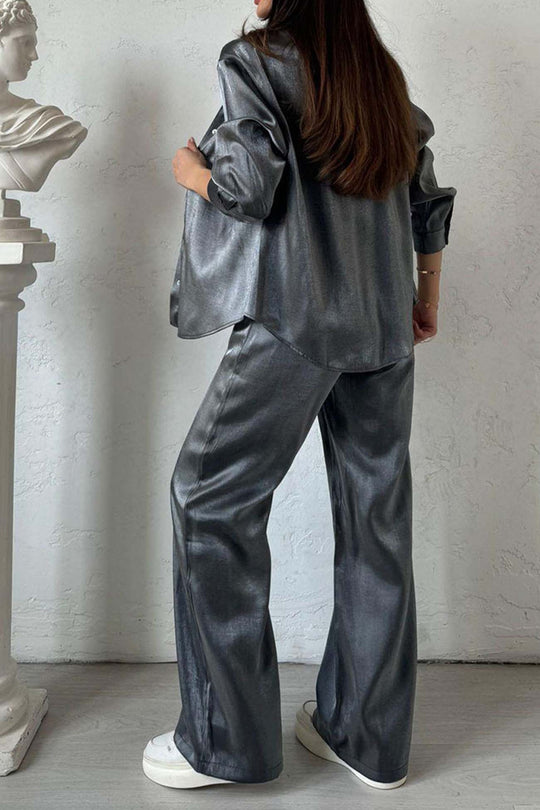 Heidi-Mode | Metallisch Glänzend Knopf Auf Shirt Lange Hose Set
