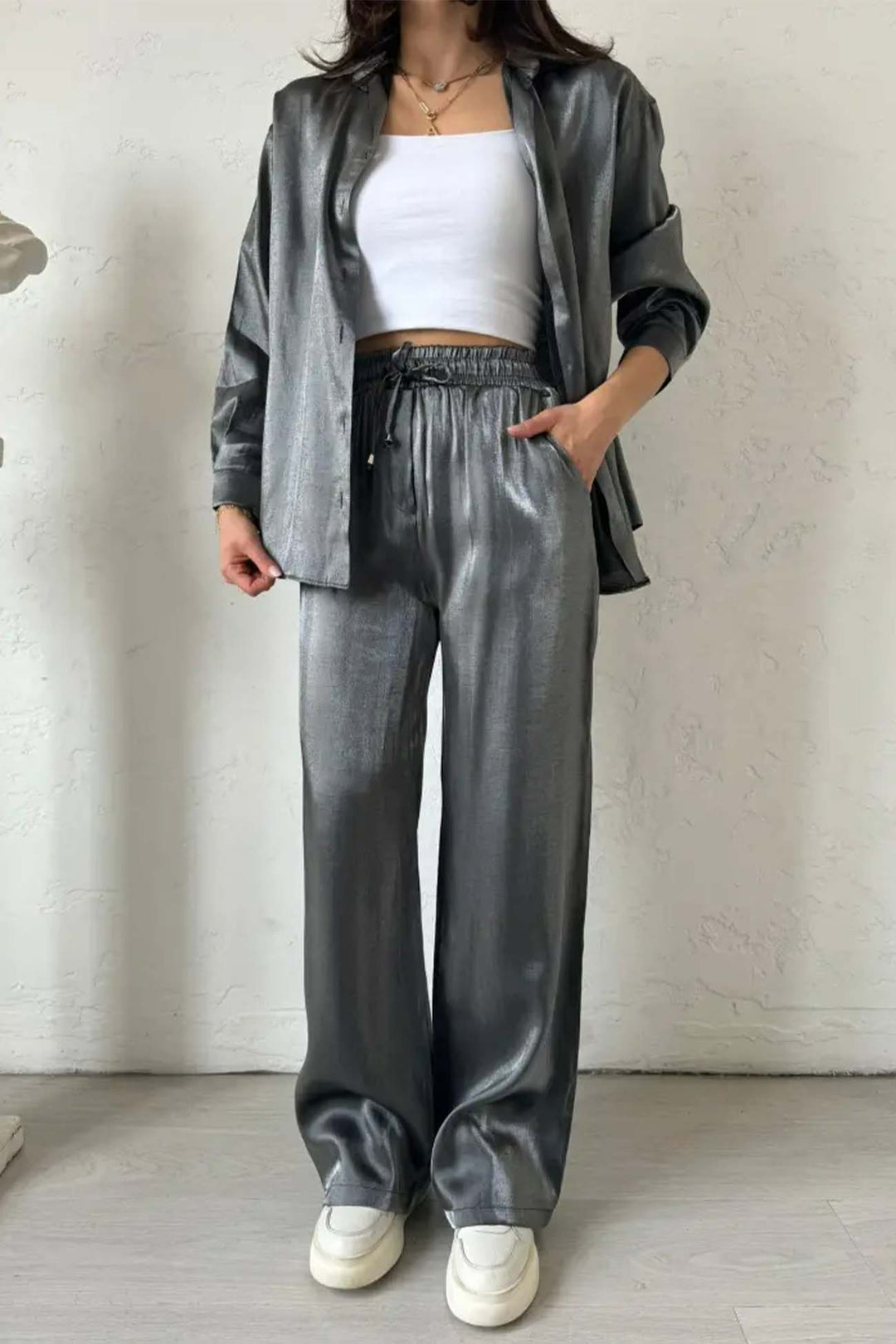 Heidi-Mode | Metallisch Glänzend Knopf Auf Shirt Lange Hose Set