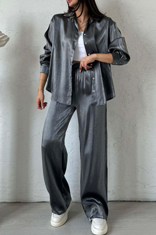 Heidi-Mode | Metallisch Glänzend Knopf Auf Shirt Lange Hose Set