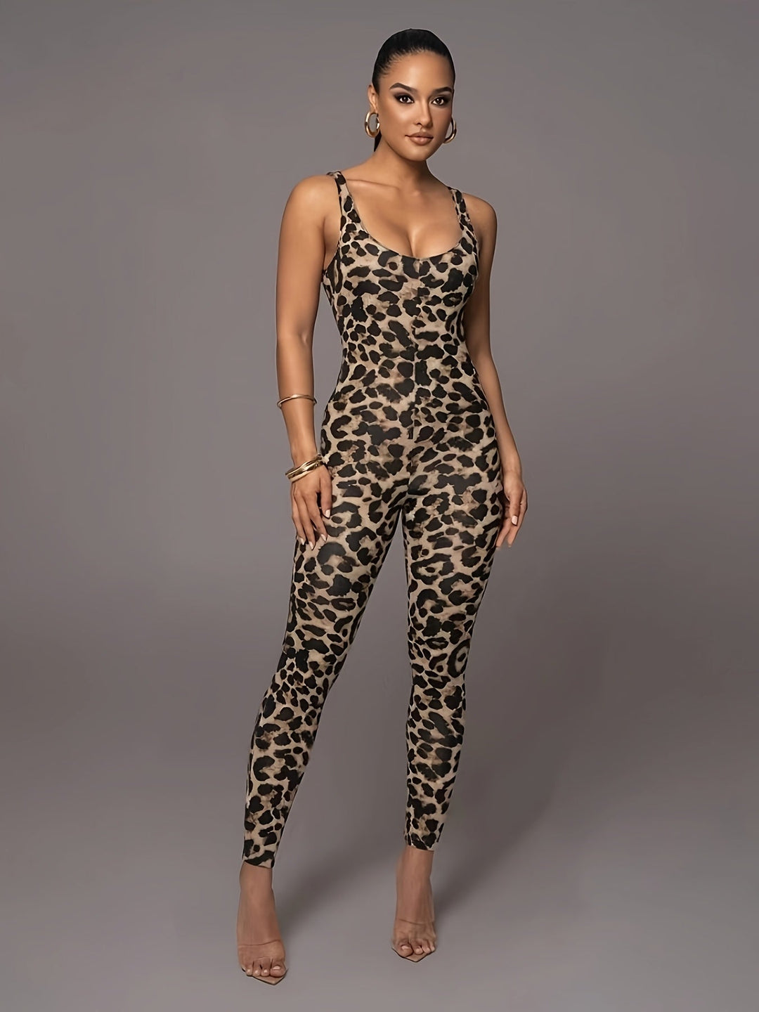 Heidi-Mode | Damen Jumpsuit mit Leopardenmuster Trendy Sportlicher Catsuit mit Hohem Stretch