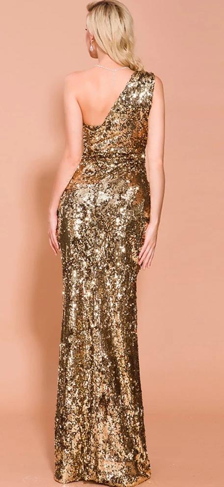 Heidi-Mode | Gold Off Shoulder Rückenfrei Hoher Schlitz Pailletten Maxi Kleid