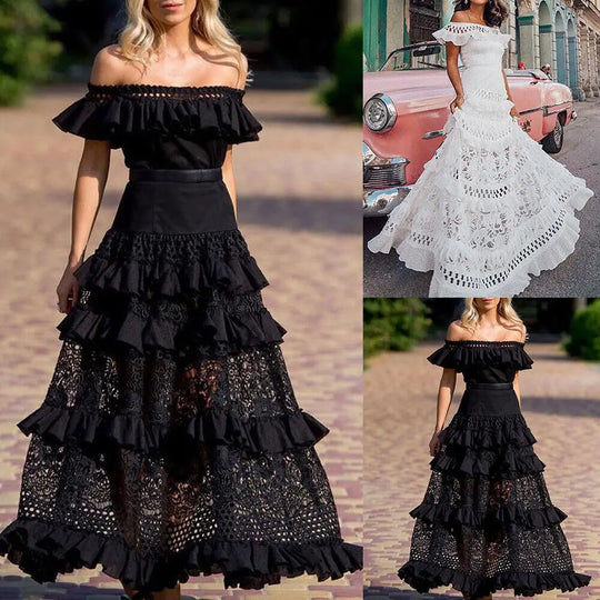 Schulterfreies Rüschen-Maxikleid mit Spitzendetails