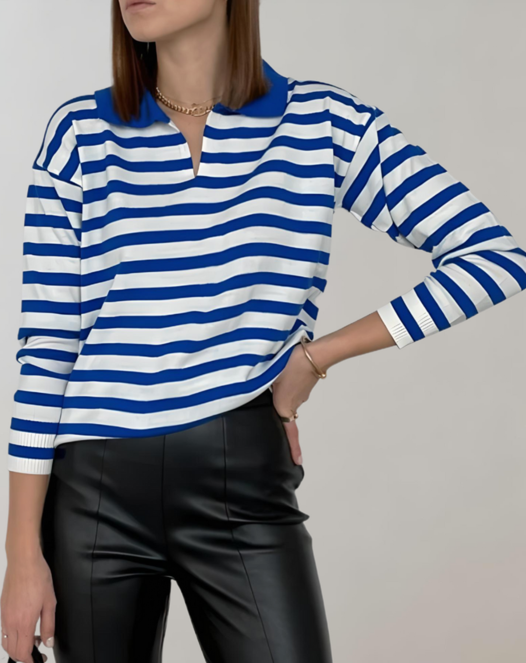 Heidi-Mode | Damen Oversized Streifen Rundhals Polo Sweater