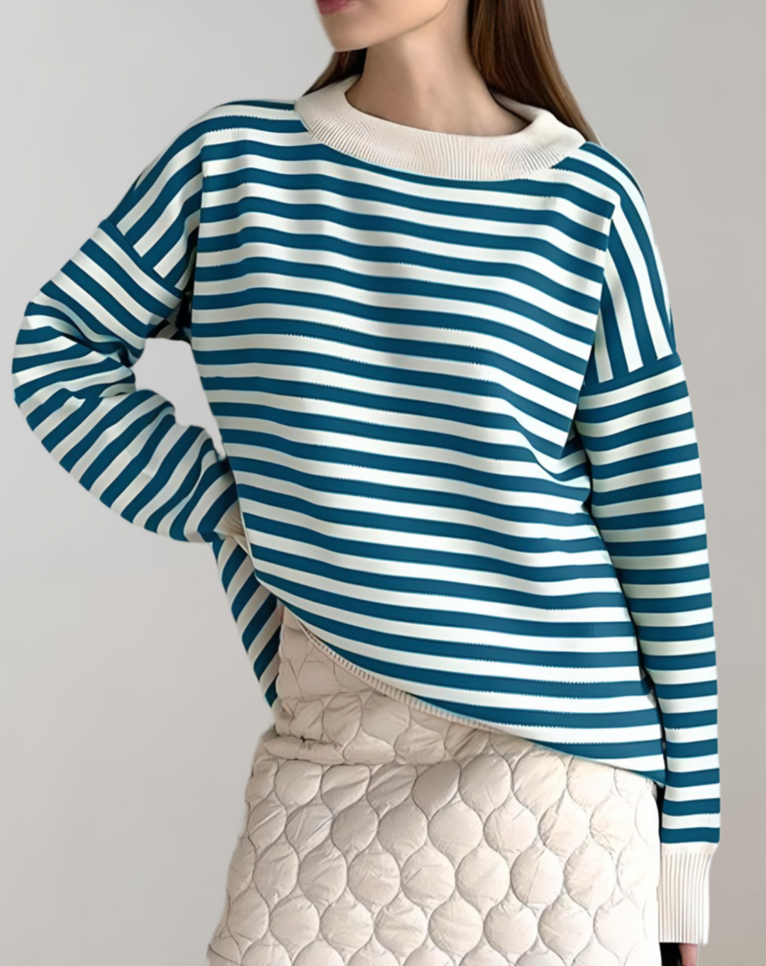 Heidi-Mode | Damen Oversized Streifen Rundhals Polo Sweater