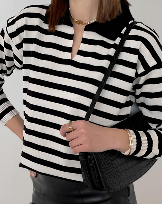 Heidi-Mode | Damen Oversized Streifen Rundhals Polo Sweater
