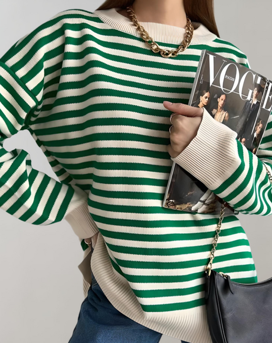 Heidi-Mode | Damen Oversized Streifen Rundhals Polo Sweater