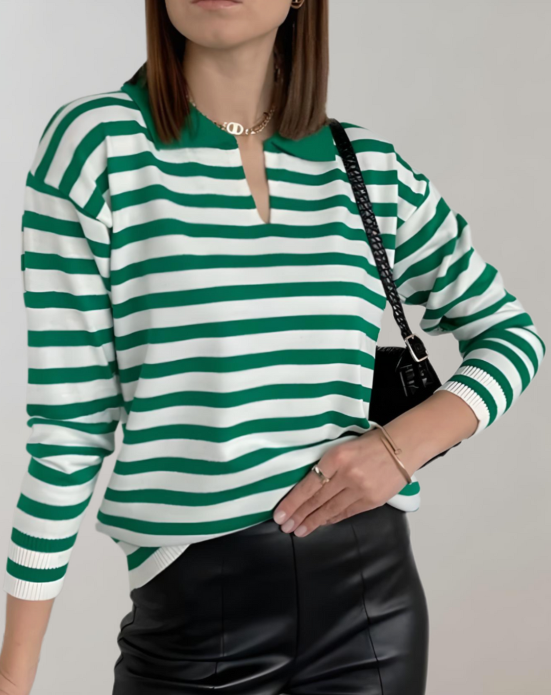 Heidi-Mode | Damen Oversized Streifen Rundhals Polo Sweater