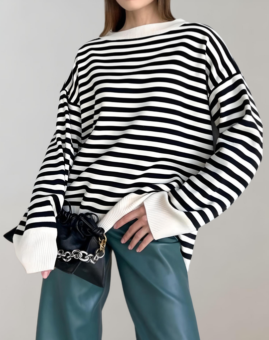 Heidi-Mode | Damen Oversized Streifen Rundhals Polo Sweater