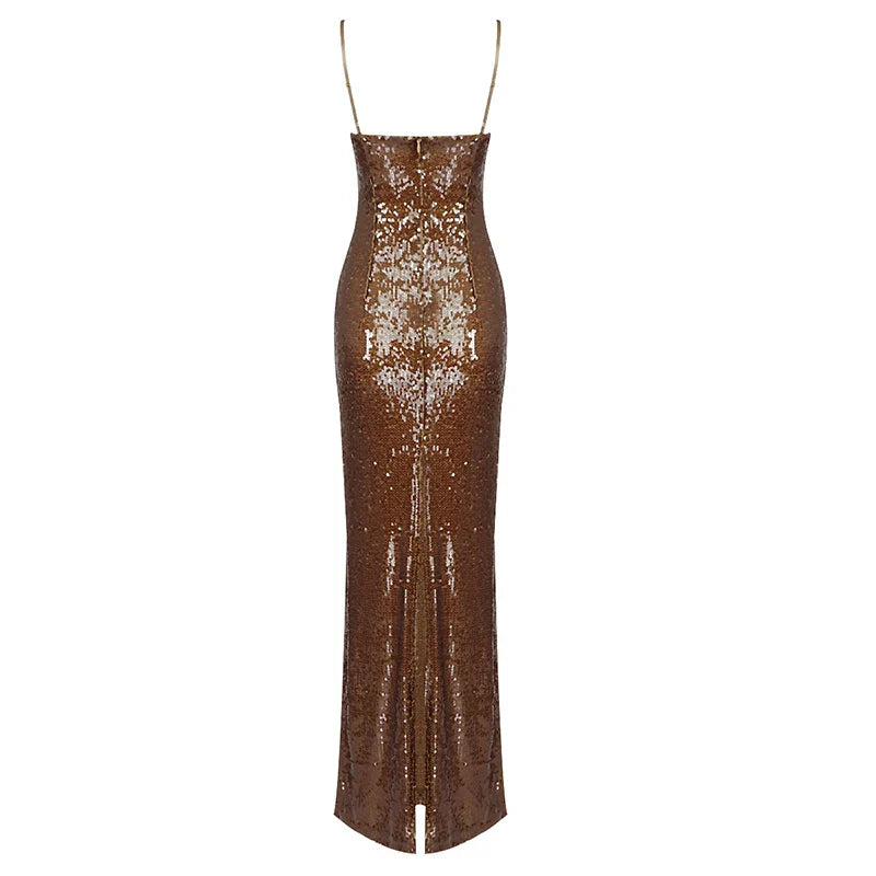 Heidi-Mode | Braunes Pailletten Trägerloses Maxikleid