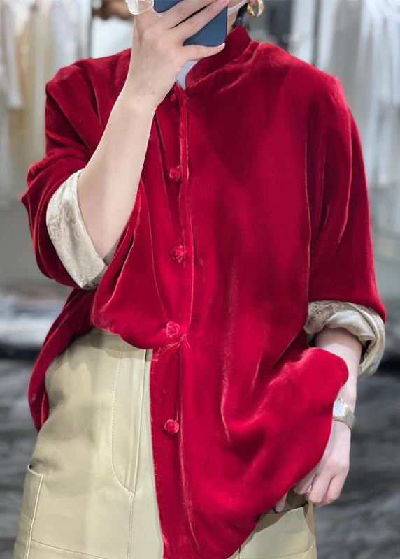 Heidi-Mode | Neu Weinrot Knopf Patchwork Seide Velours Blusen Herbst