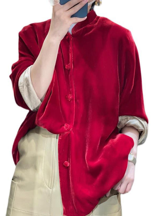 Heidi-Mode | Neu Weinrot Knopf Patchwork Seide Velours Blusen Herbst