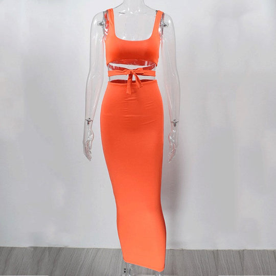 Heidi-Mode | Tank Top Bauch Knoten und Langer Bodycon Rock Satzs