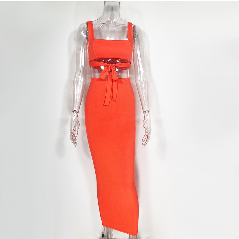 Heidi-Mode | Tank Top Bauch Knoten und Langer Bodycon Rock Satzs