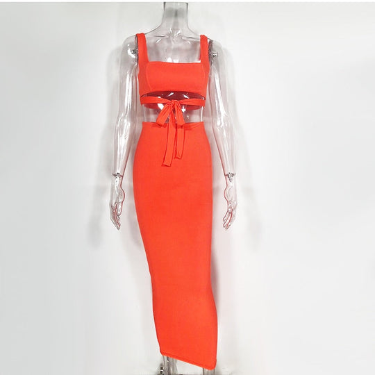 Heidi-Mode | Tank Top Bauch Knoten und Langer Bodycon Rock Satzs