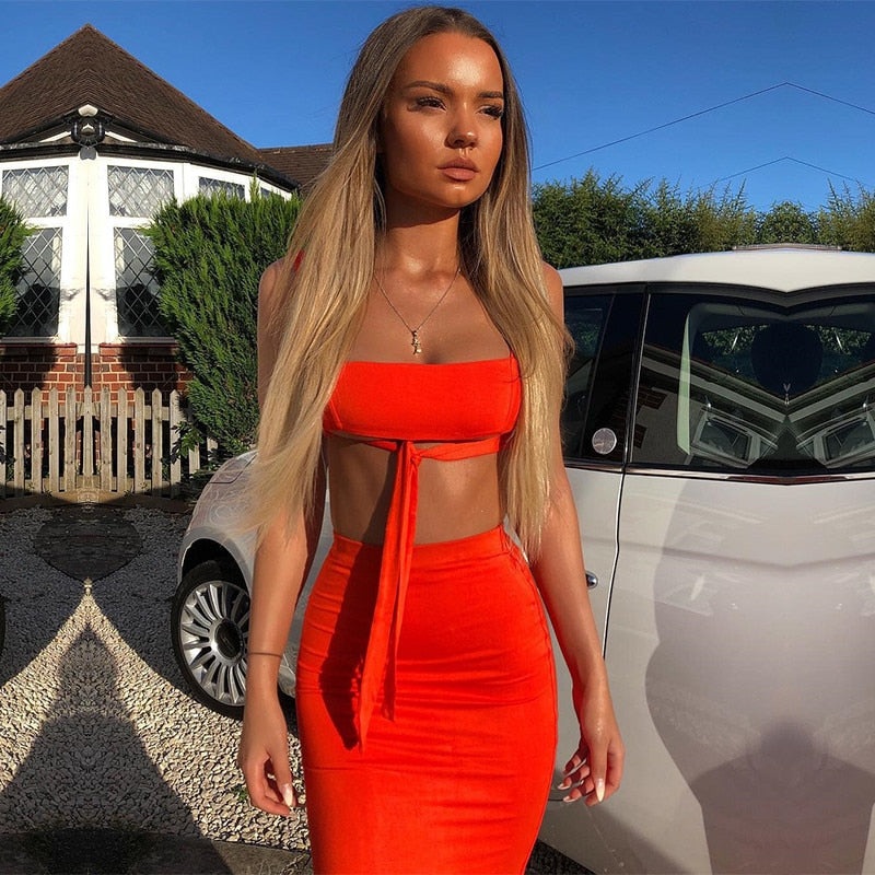 Heidi-Mode | Tank Top Bauch Knoten und Langer Bodycon Rock Satzs