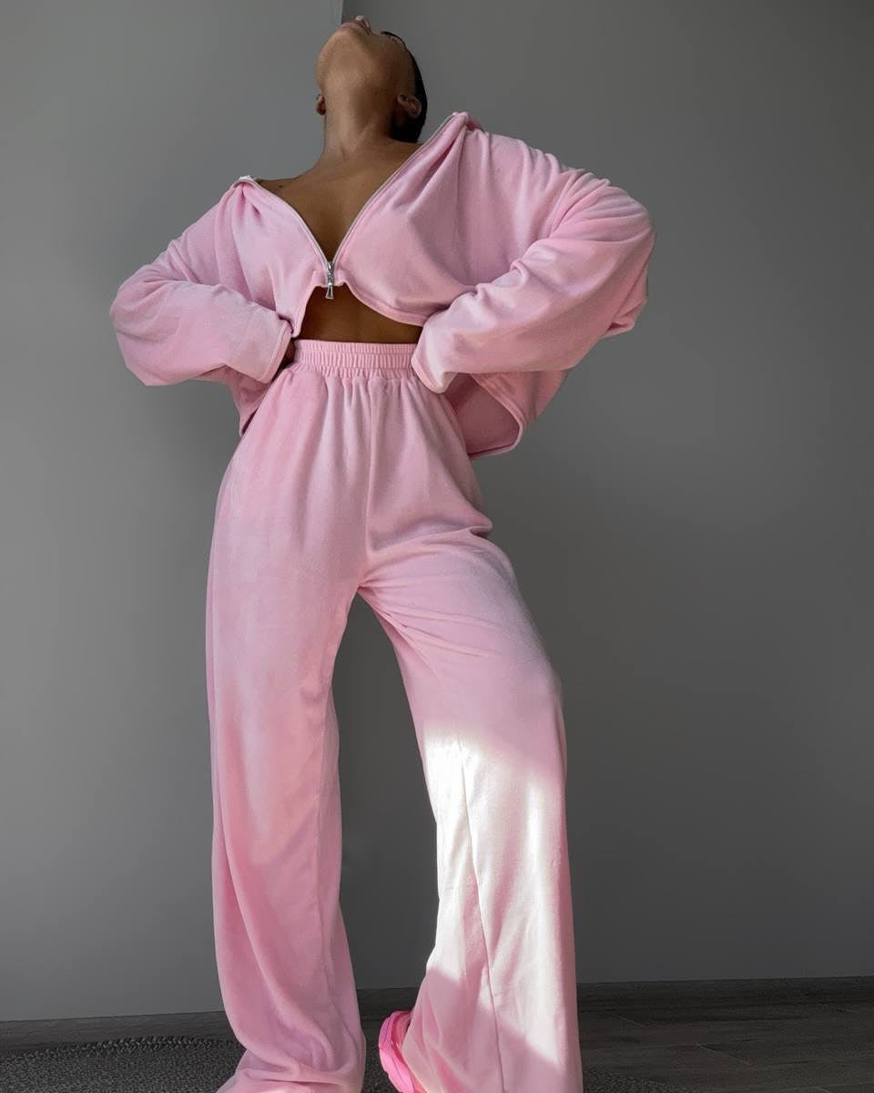 Damen luxuriöses Fleece-Loungewear-Set mit hohem Kragen und weitem Schnitt Heidi-Mode