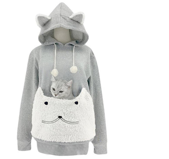 Damen Kuscheliger Kapuzenpullover mit Katzenmotiv und praktischer Känguru-Tasche Heidi-Mode