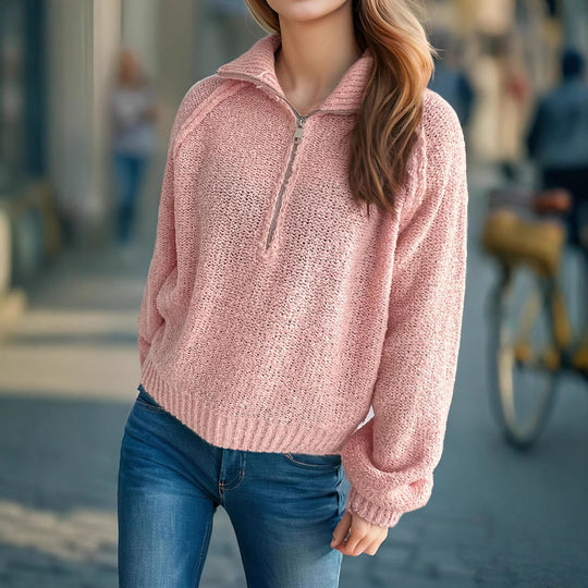 Damen lässiger Zip-Pullover mit oversized Schnitt und hohem Kragen Heidi-Mode