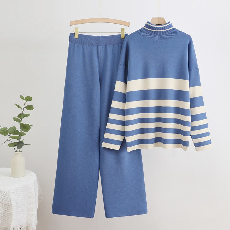 Damen Komfortables Strick-Loungewear-Set mit hohem Kragen und breiten Streifen Heidi-Mode