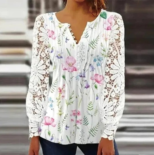 Damen Spitzenbluse mit eleganten Knopfdetails und voluminösen Ärmeln Heidi-Mode