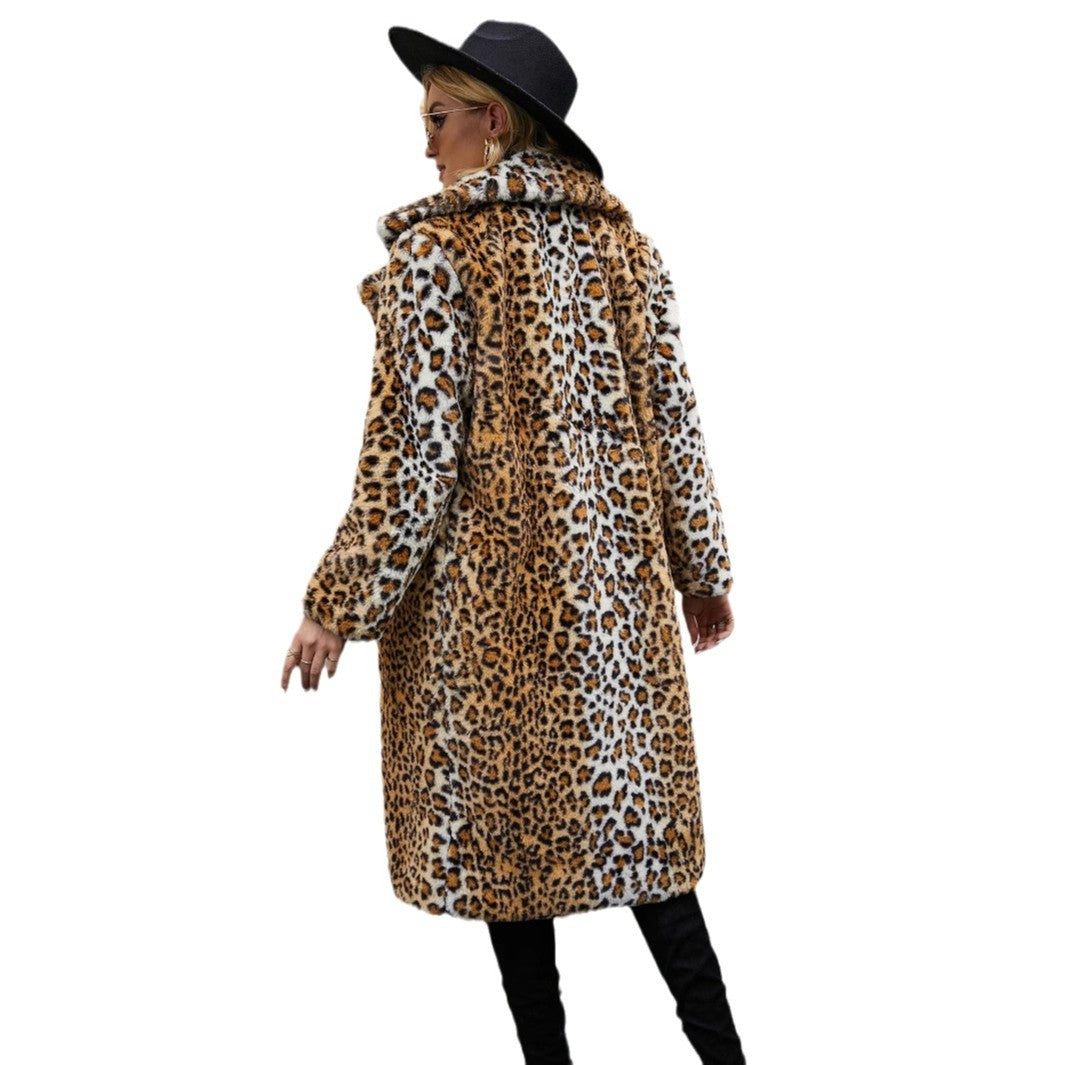 Damen Langer Mantel mit Leopardenmuster und weichem Kunstfell Heidi-Mode