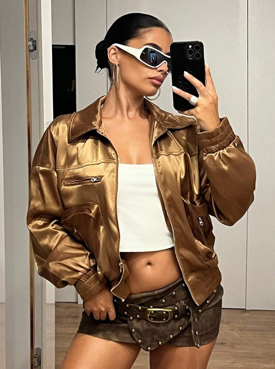 Damen Bomberjacke im glänzenden Satin-Look mit seitlichen Reißverschlusstaschen Heidi-Mode