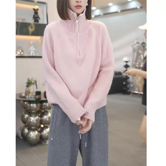 Damen Strickpullover mit hohem Kragen und praktischem Reißverschluss Heidi-Mode